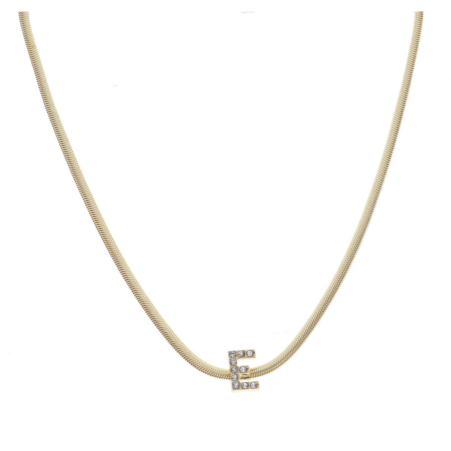Shiny Gold Snake Chain with Clear Crystal "E" Station Necklace