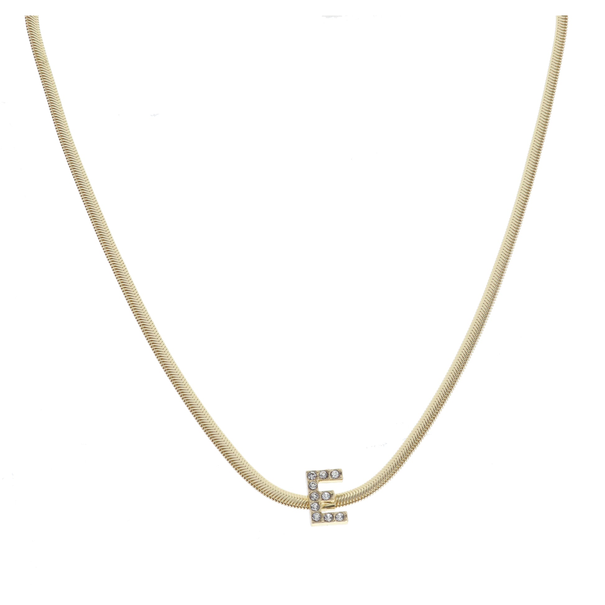 Shiny Gold Snake Chain with Clear Crystal "E" Station Necklace