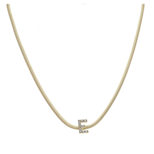 Shiny Gold Snake Chain with Clear Crystal "E" Station Necklace