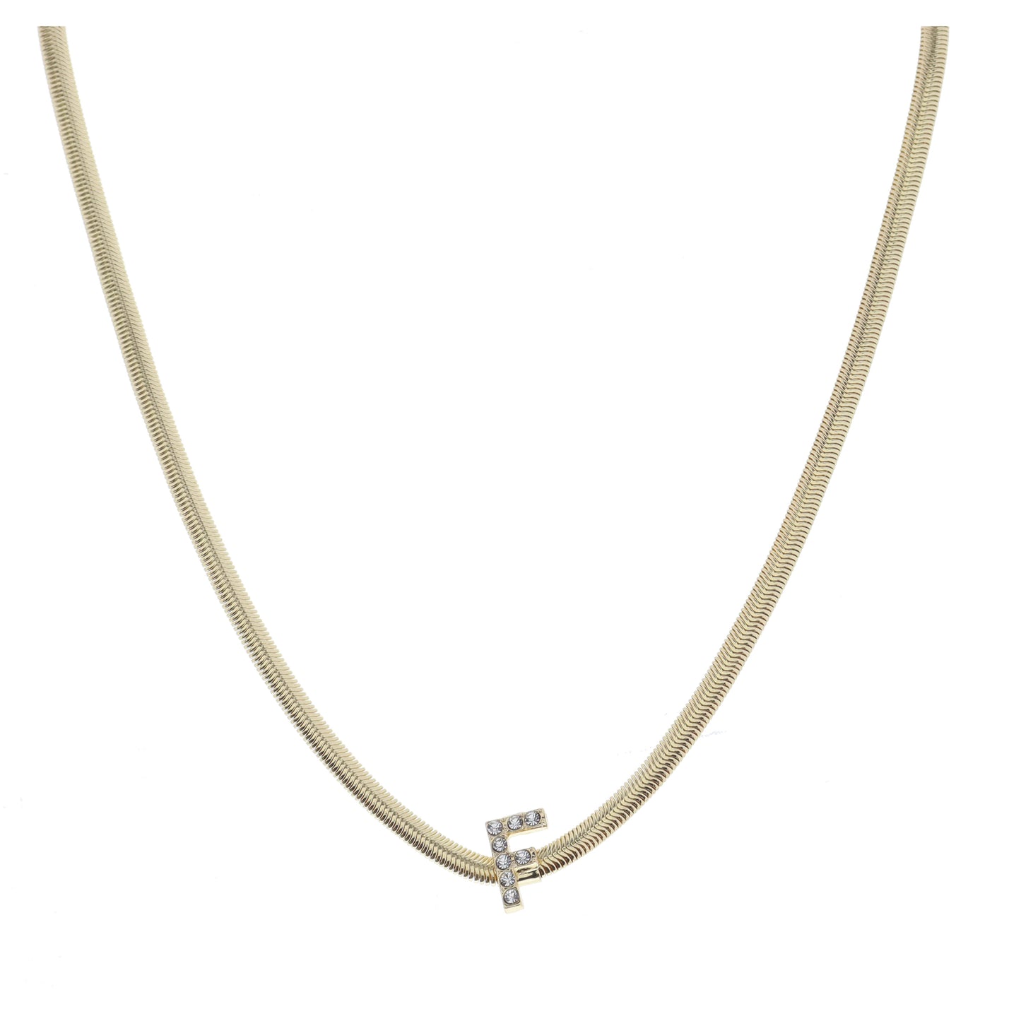 Shiny Gold Snake Chain with Clear Crystal "F" Station Necklace