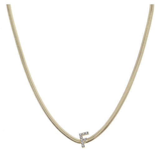 Shiny Gold Snake Chain with Clear Crystal "F" Station Necklace