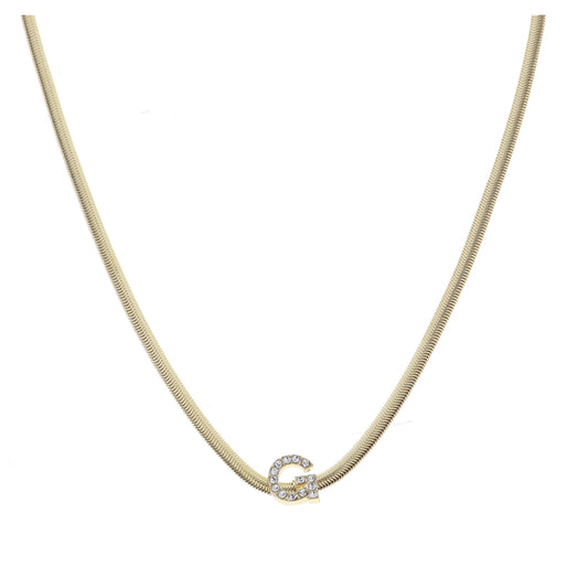 Shiny Gold Snake Chain with Clear Crystal "G" Station Necklace