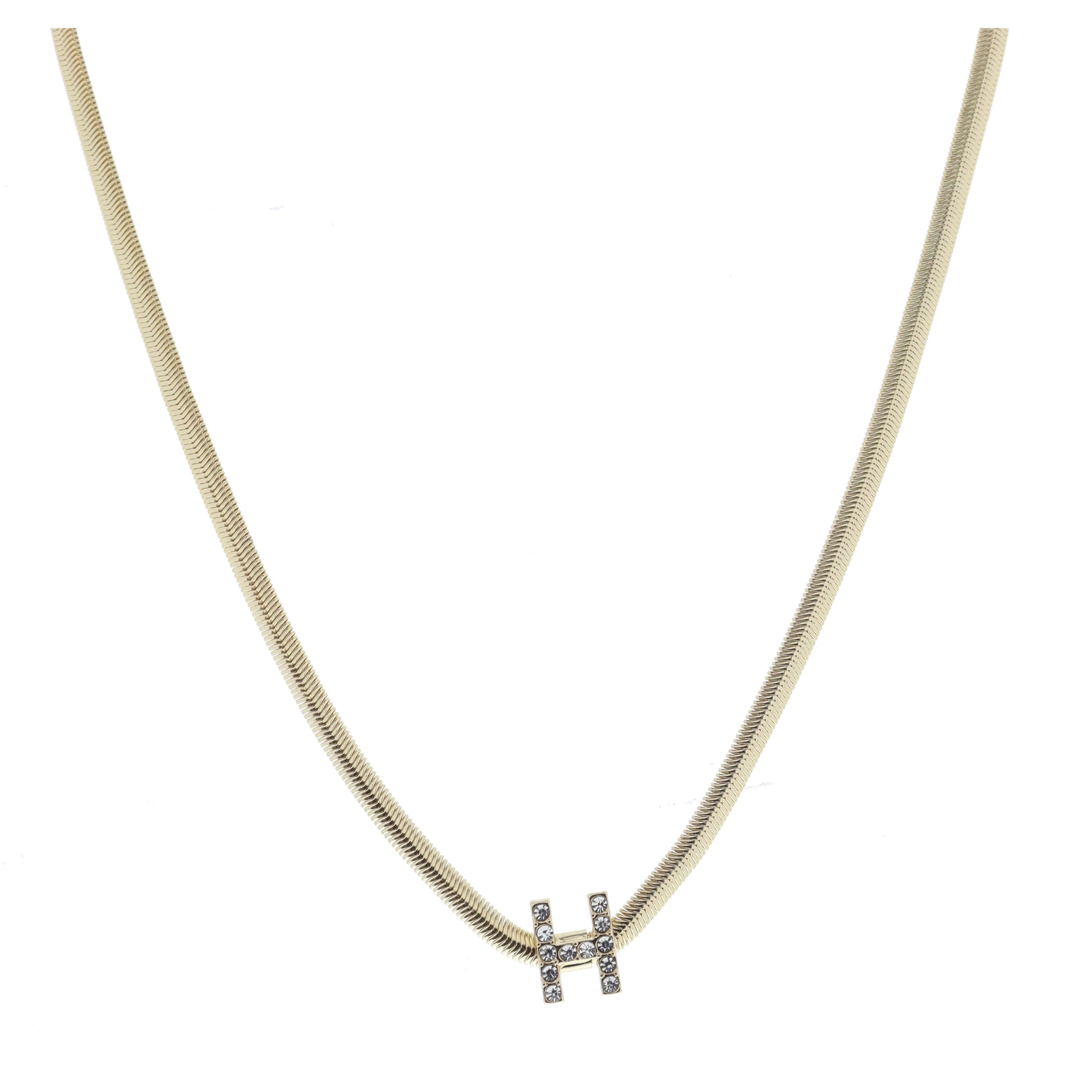 Shiny Gold Snake Chain with Clear Crystal "H" Station Necklace