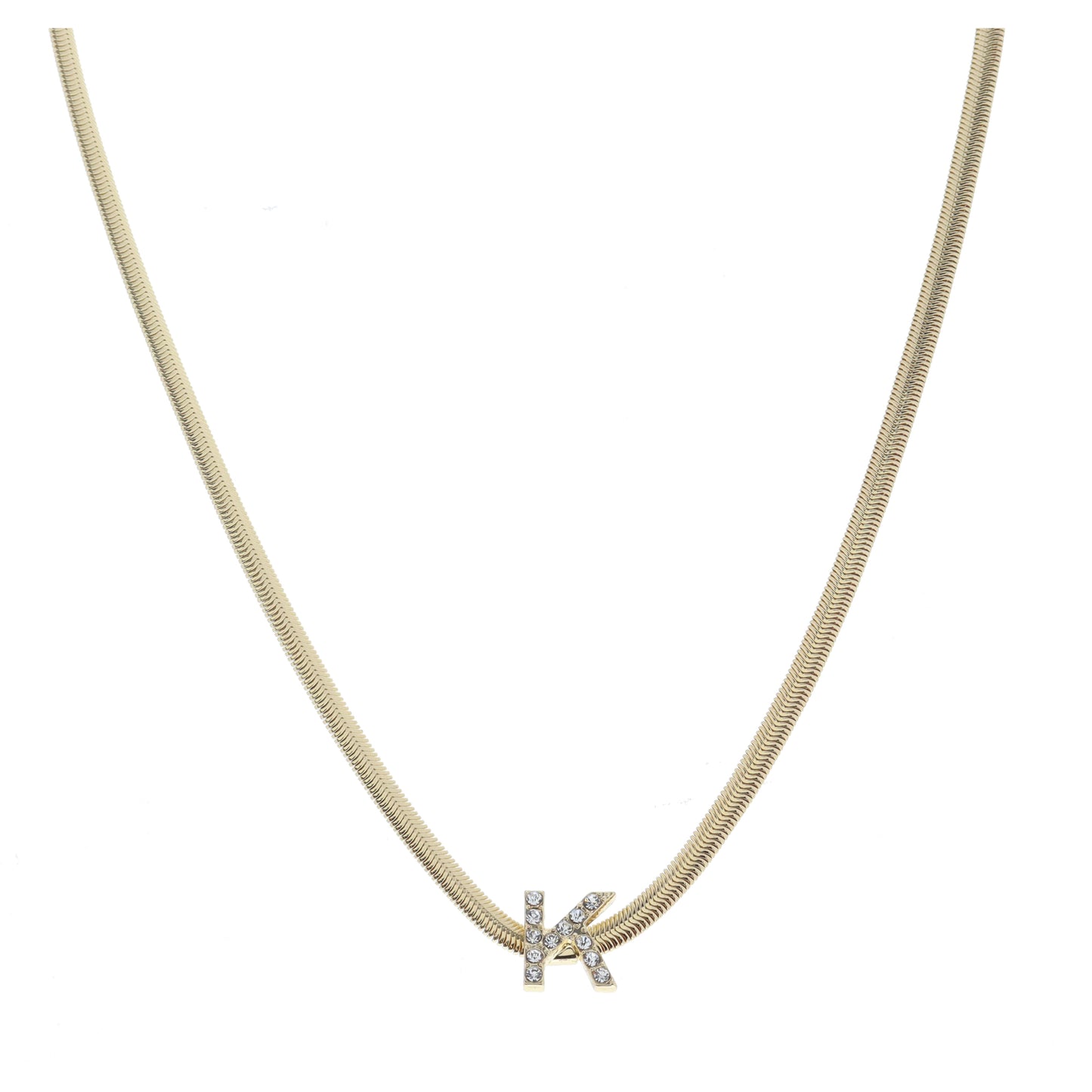 Shiny Gold Snake Chain with Clear Crystal "K" Station Necklace