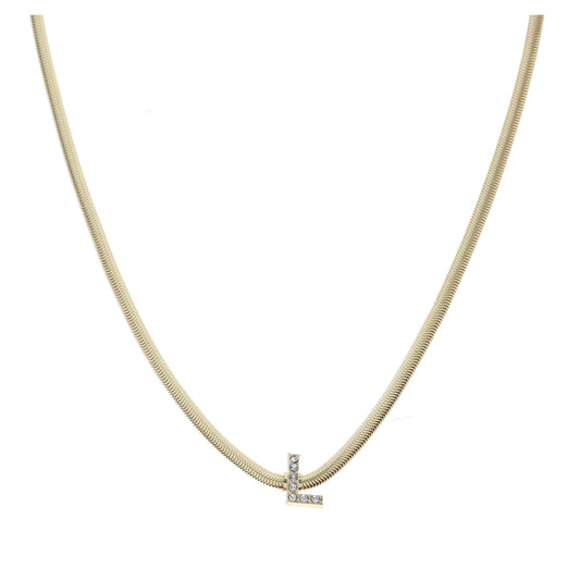 Shiny Gold Snake Chain with Clear Crystal "L" Station Necklace