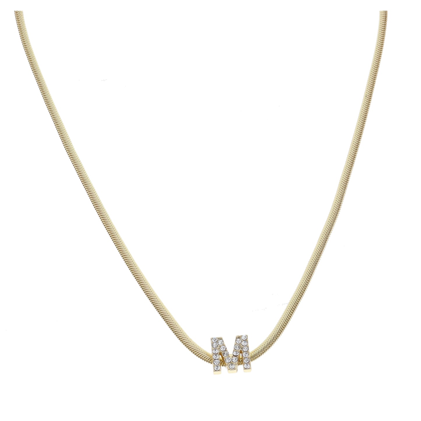 Shiny Gold Snake Chain with Clear Crystal "M" Station Necklace
