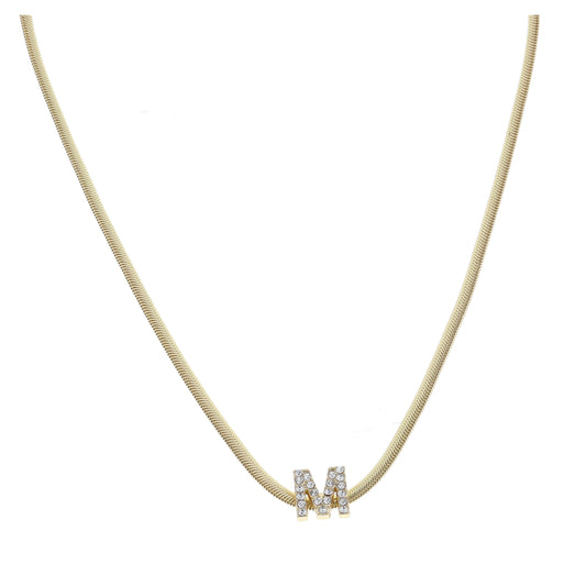 Shiny Gold Snake Chain with Clear Crystal "M" Station Necklace