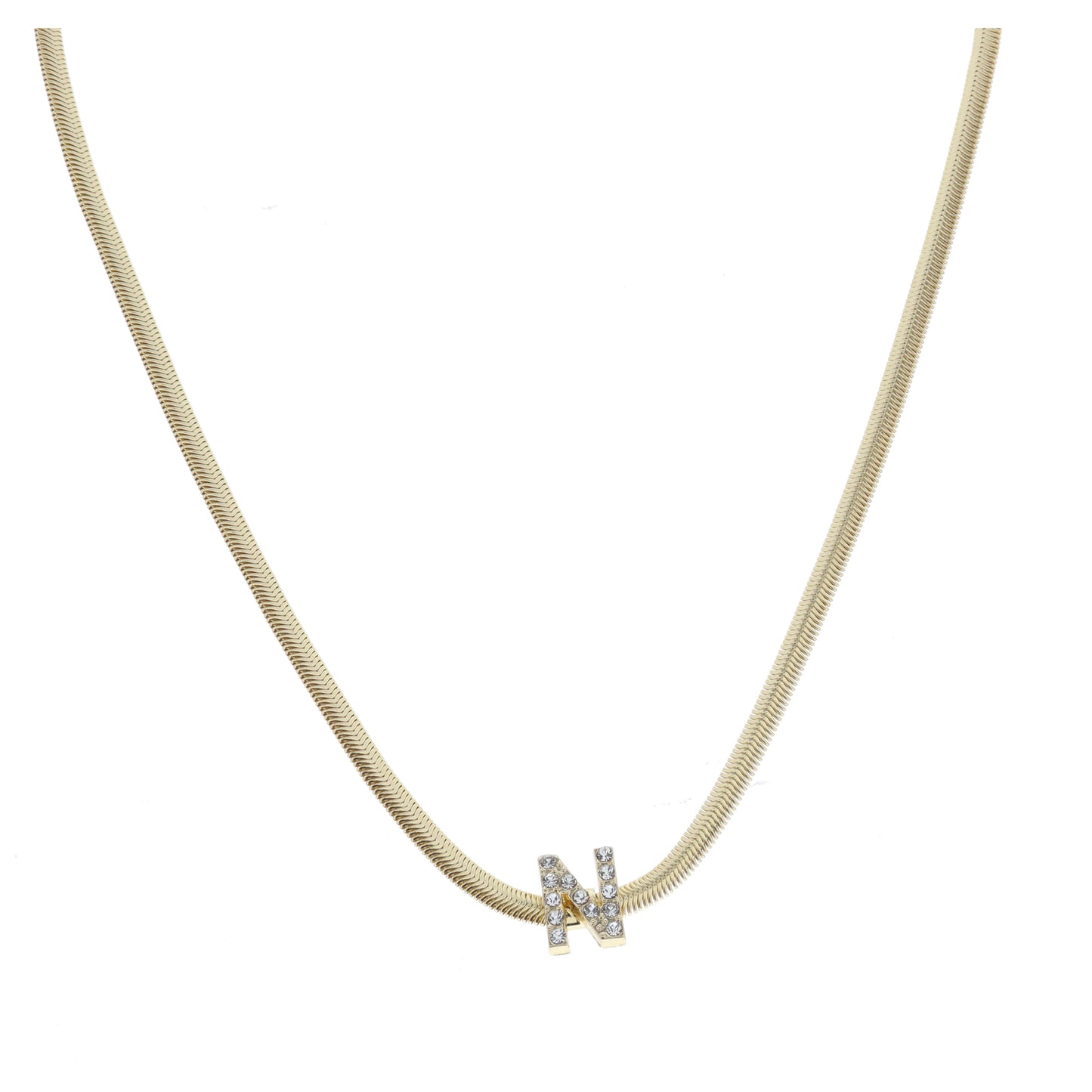 Shiny Gold Snake Chain with Clear Crystal "N" Station Necklace