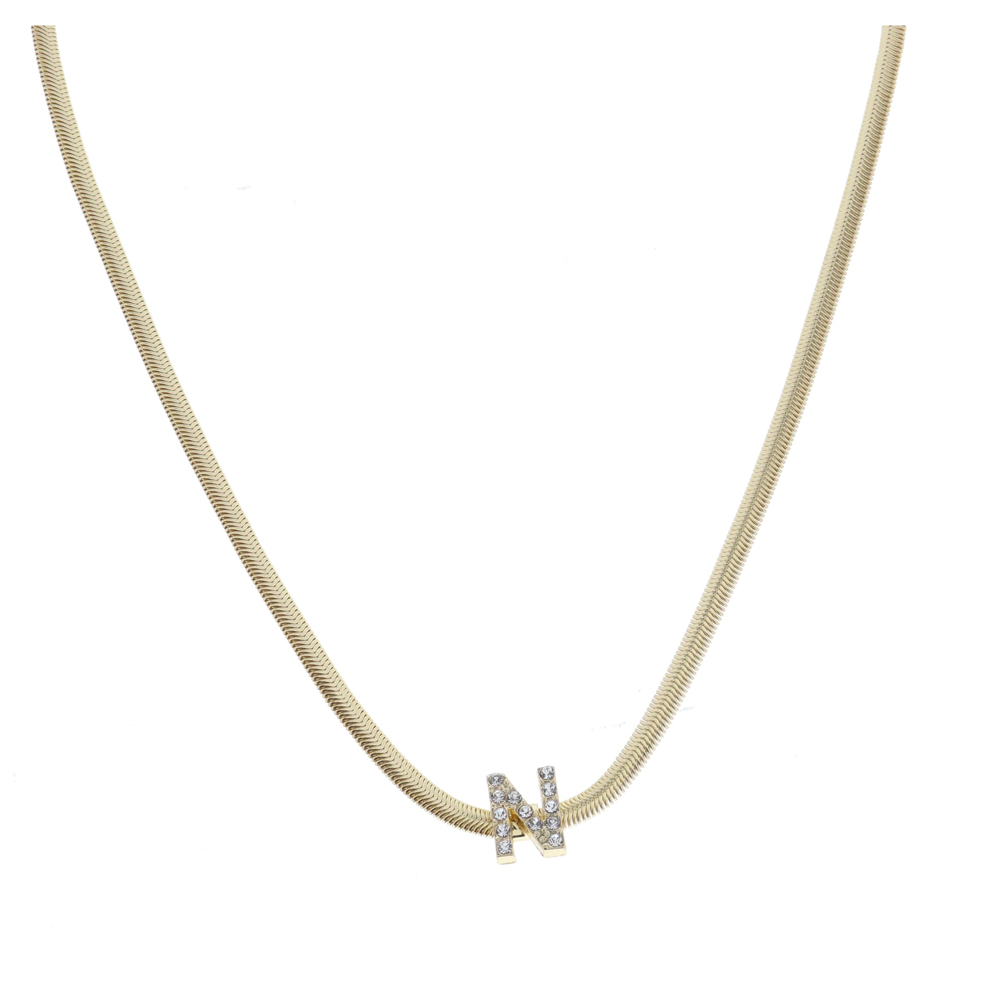 Shiny Gold Snake Chain with Clear Crystal "N" Station Necklace