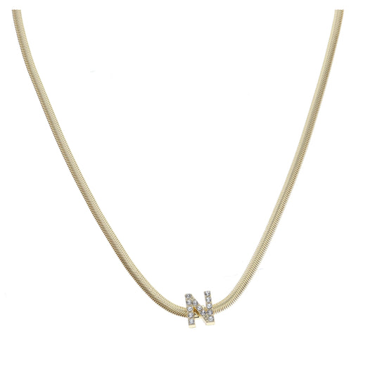 Shiny Gold Snake Chain with Clear Crystal "N" Station Necklace