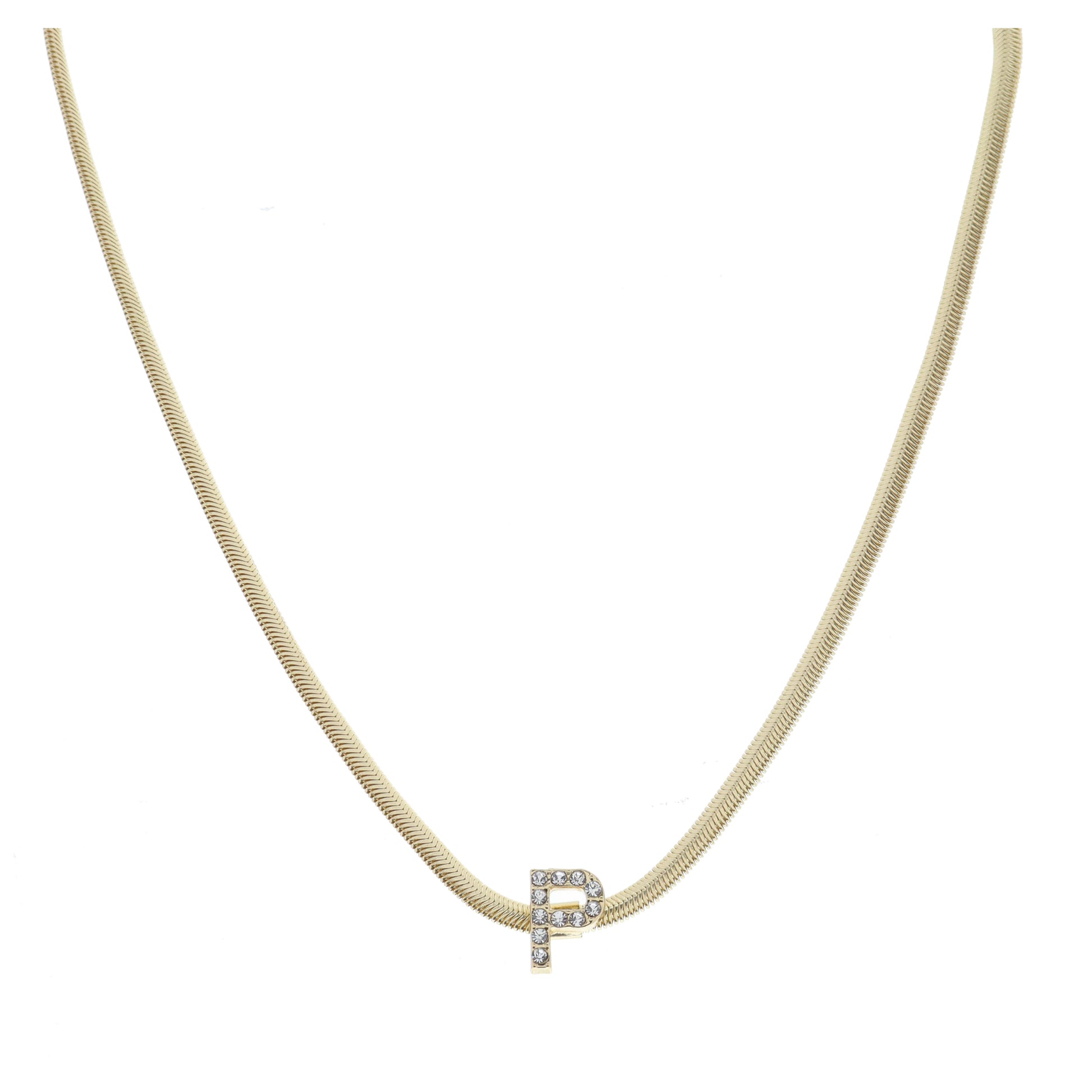 Shiny Gold Snake Chain with Clear Crystal "P" Station Necklace