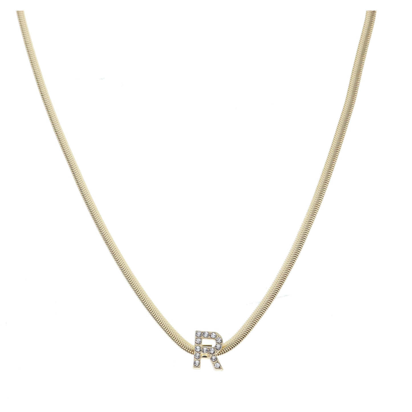 Shiny Gold Snake Chain with Clear Crystal "R" Station Necklace