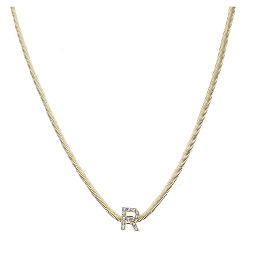 Shiny Gold Snake Chain with Clear Crystal "R" Station Necklace