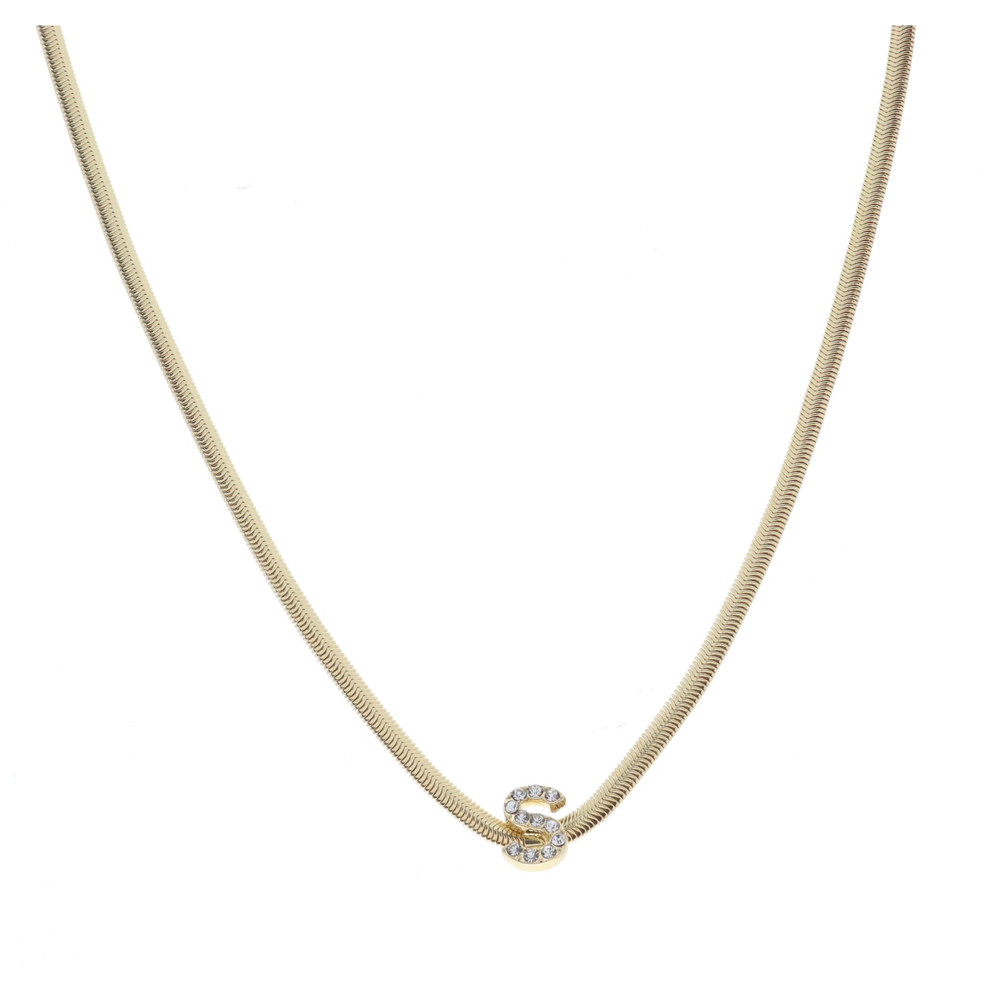 Shiny Gold Snake Chain with Clear Crystal "S" Station Necklace