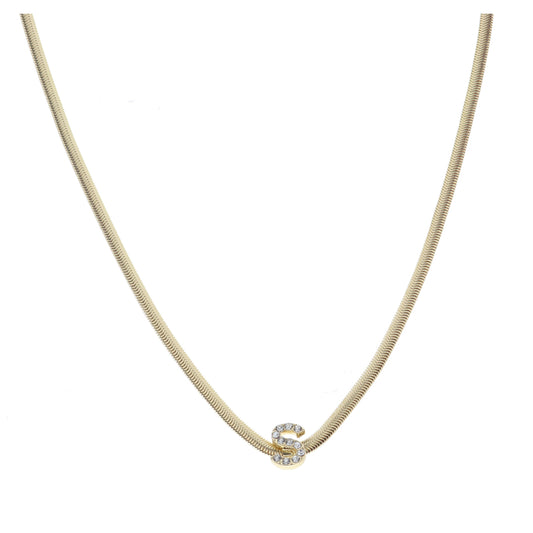 Shiny Gold Snake Chain with Clear Crystal "S" Station Necklace