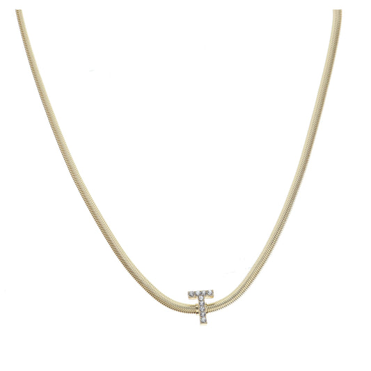 Shiny Gold Snake Chain with Clear Crystal "T" Station Necklace