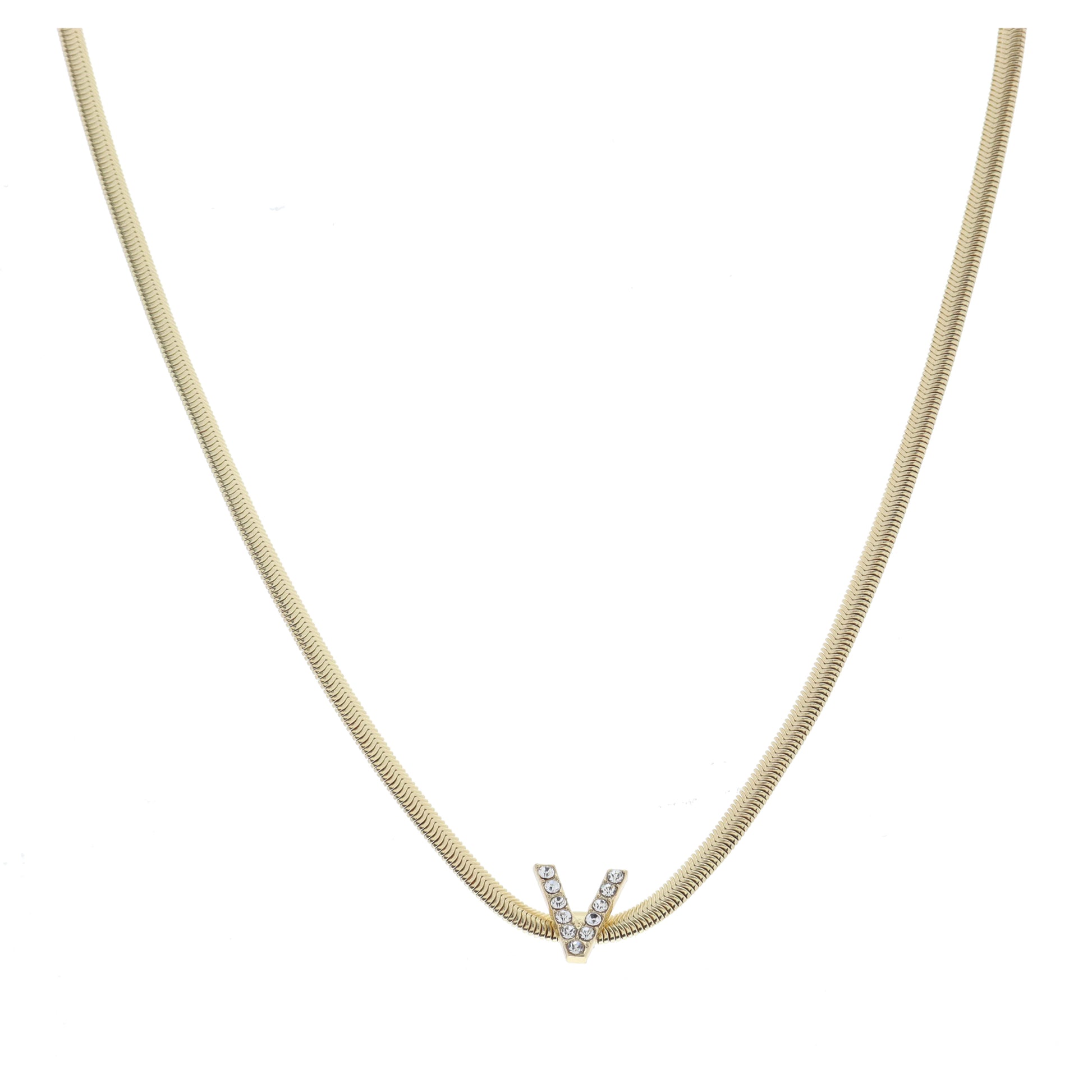 Shiny Gold Snake Chain with Clear Crystal "V" Station Necklace