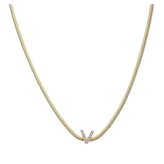 Shiny Gold Snake Chain with Clear Crystal "V" Station Necklace