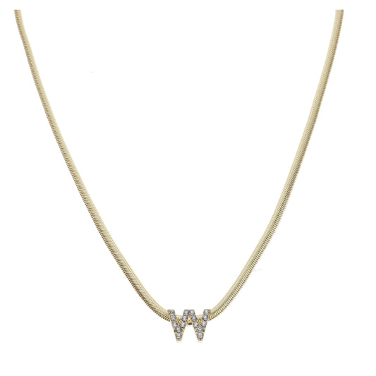 Shiny Gold Snake Chain with Clear Crystal "W" Station Necklace