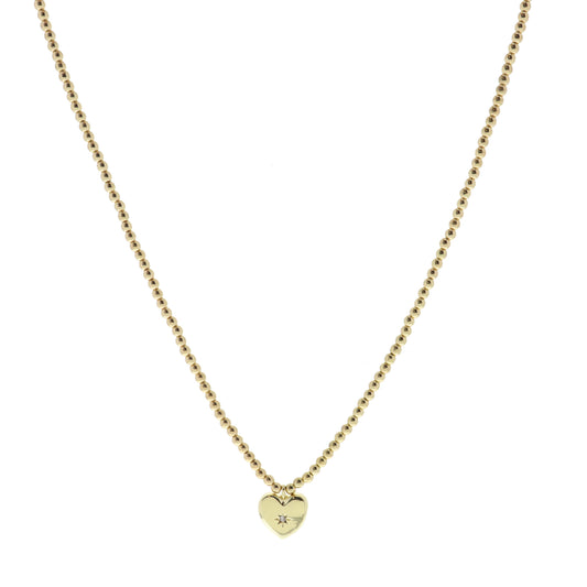 Shiny Gold Ball Beaded and Gold Heart with Center Crystal Necklace