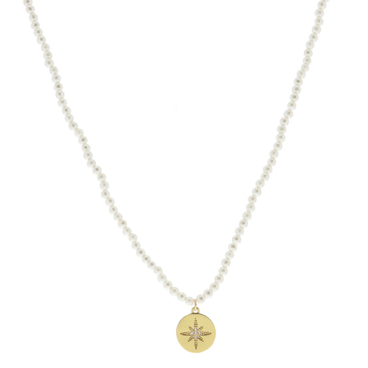 Pearl Beaded and Crystal Starburst Gold Disc Necklace