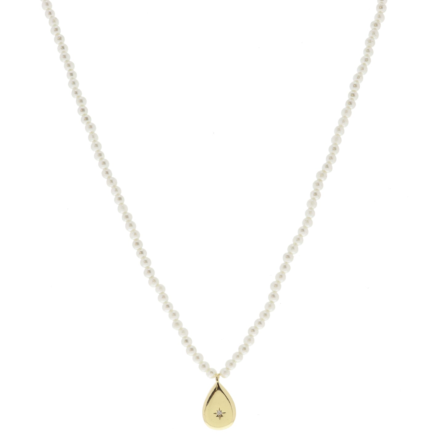 Pearl Beaded and Gold Teardrop with Center Crystal Necklace