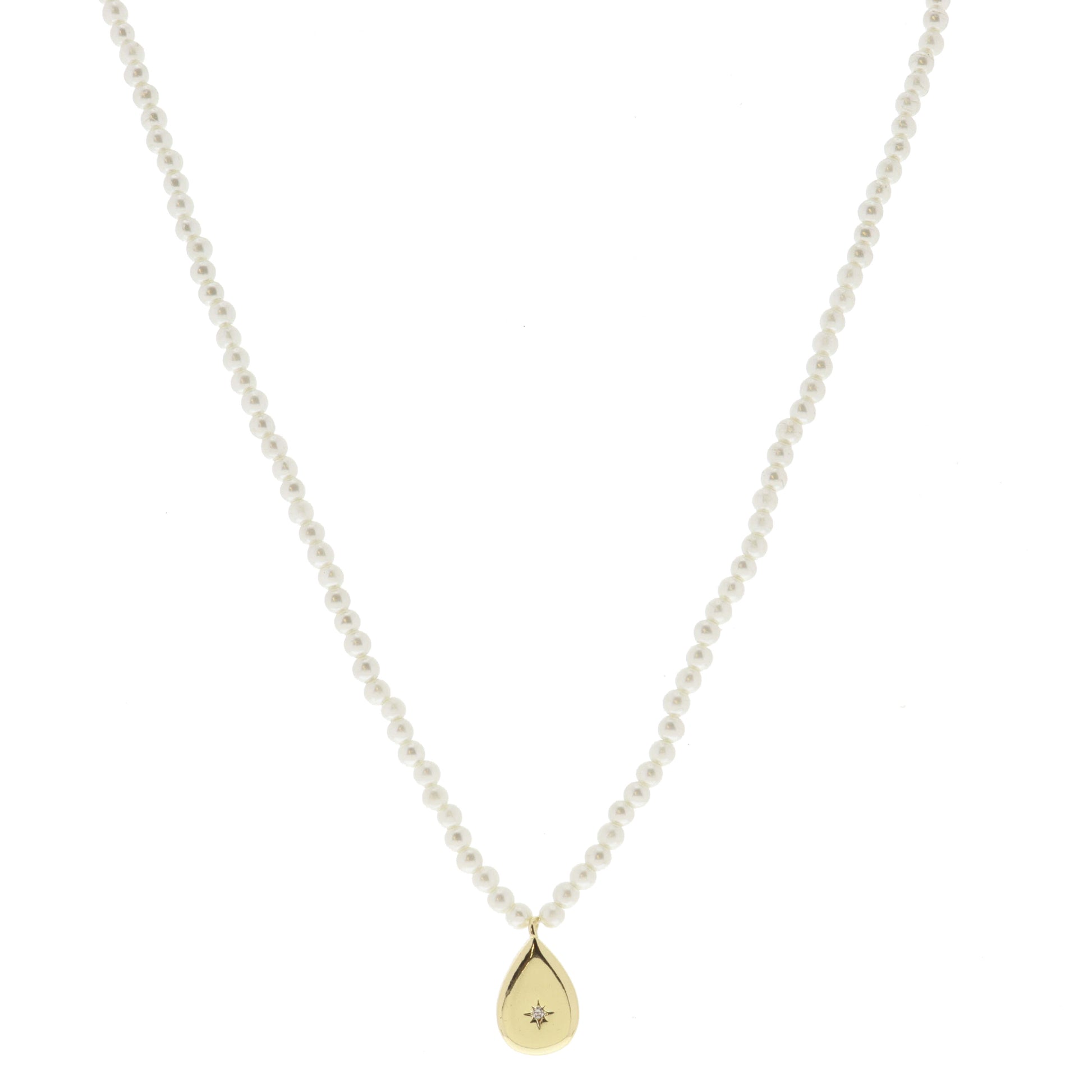 Pearl Beaded and Gold Teardrop with Center Crystal Necklace