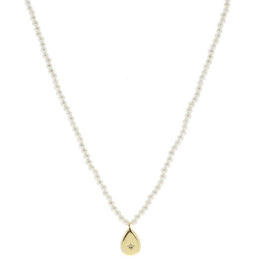 Pearl Beaded and Gold Teardrop with Center Crystal Necklace