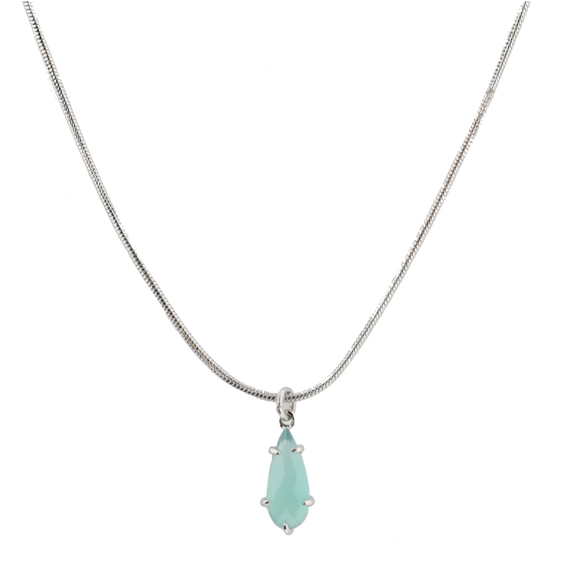 Silver Petite Snake Chain with Mint Crystal Teardrop Necklace