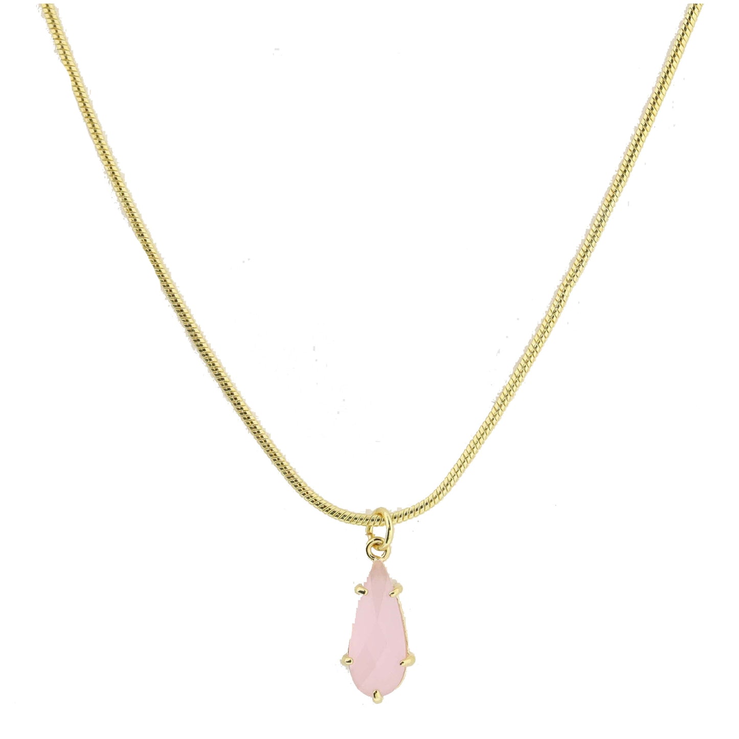 Gold Petite Snake Chain with Pink Crystal Teardrop Necklace