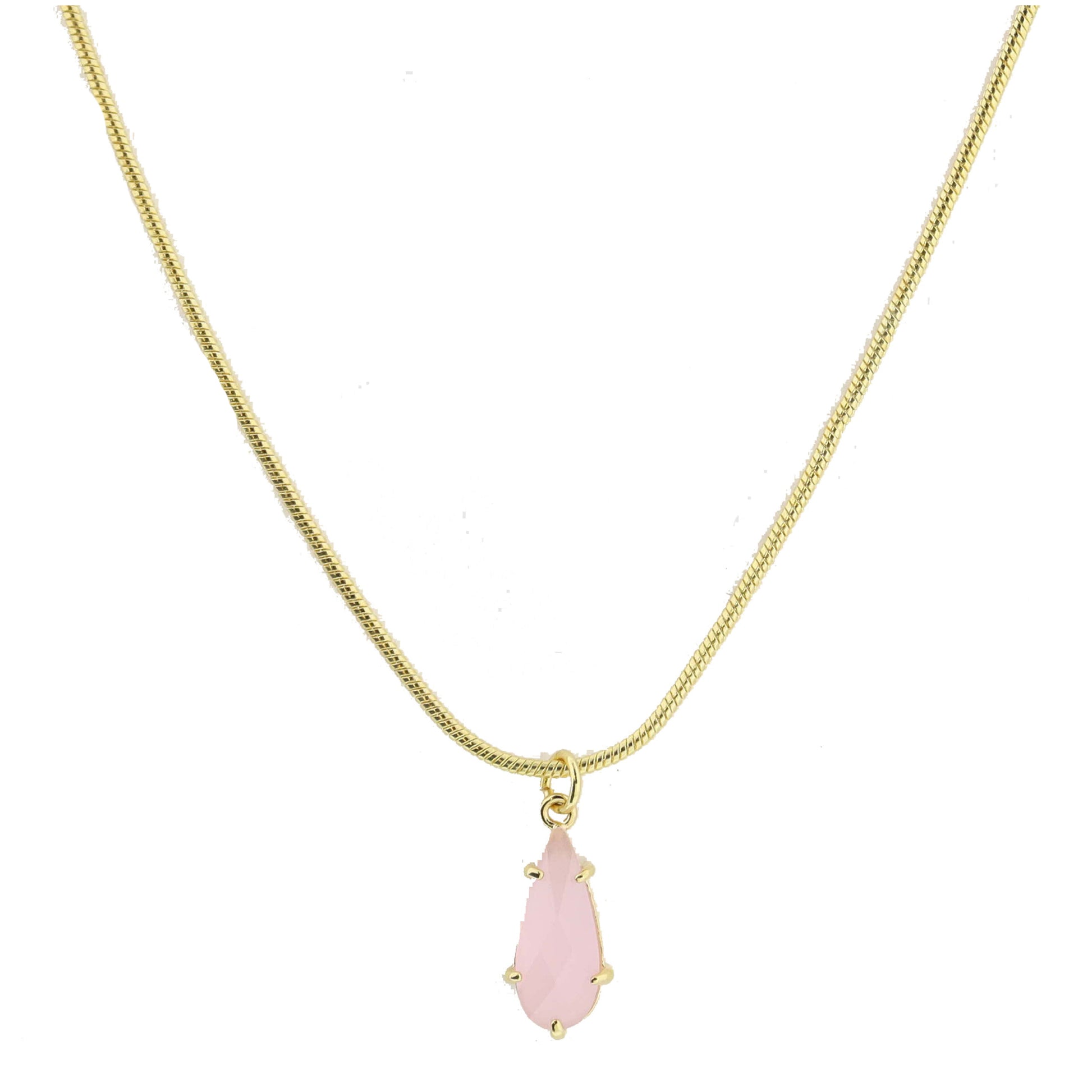 Gold Petite Snake Chain with Pink Crystal Teardrop Necklace