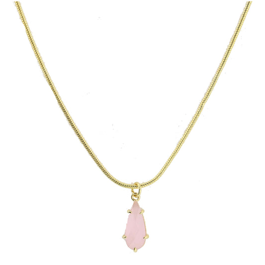 Gold Petite Snake Chain with Pink Crystal Teardrop Necklace