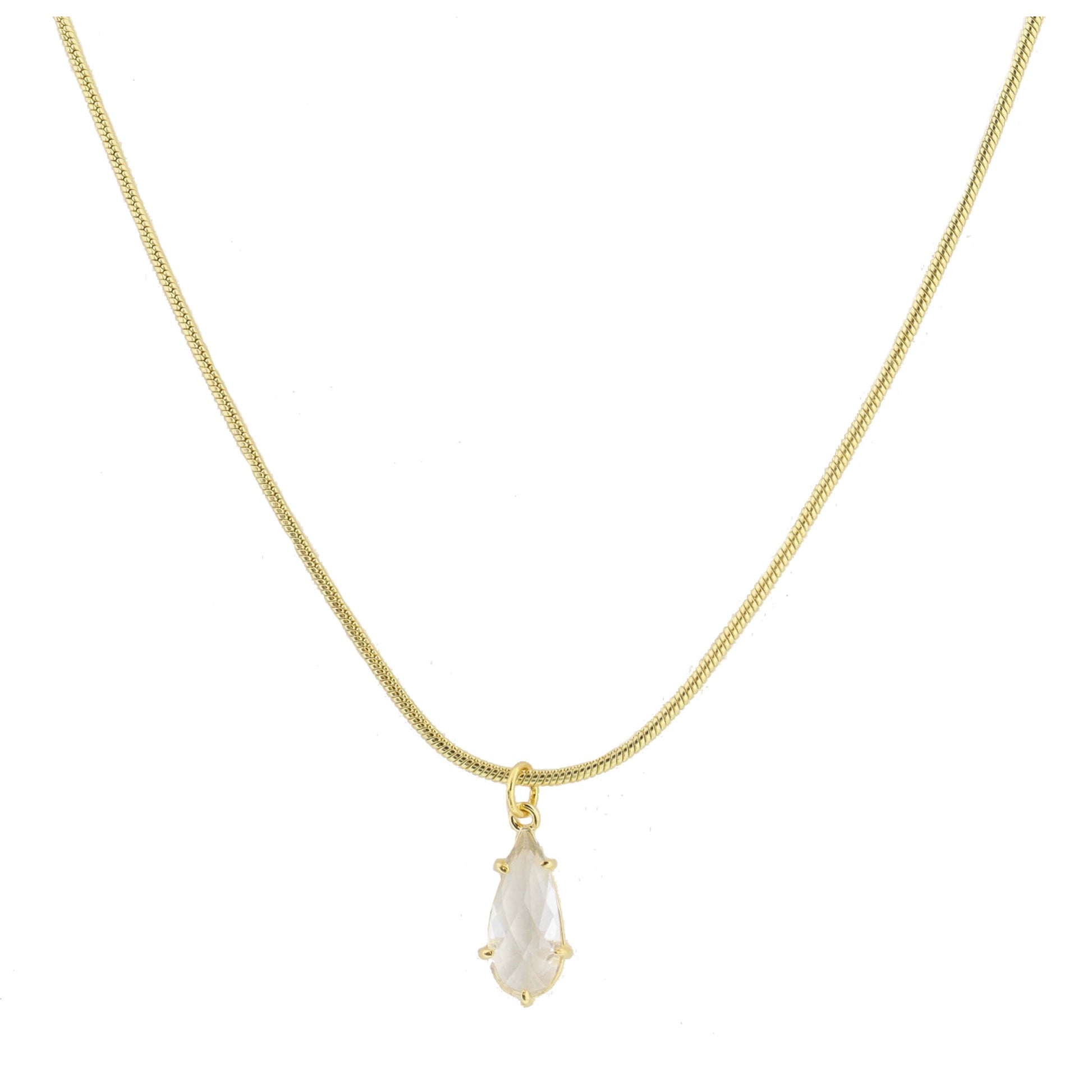 Gold Petite Snake Chain with Clear Crystal Teardrop Necklace