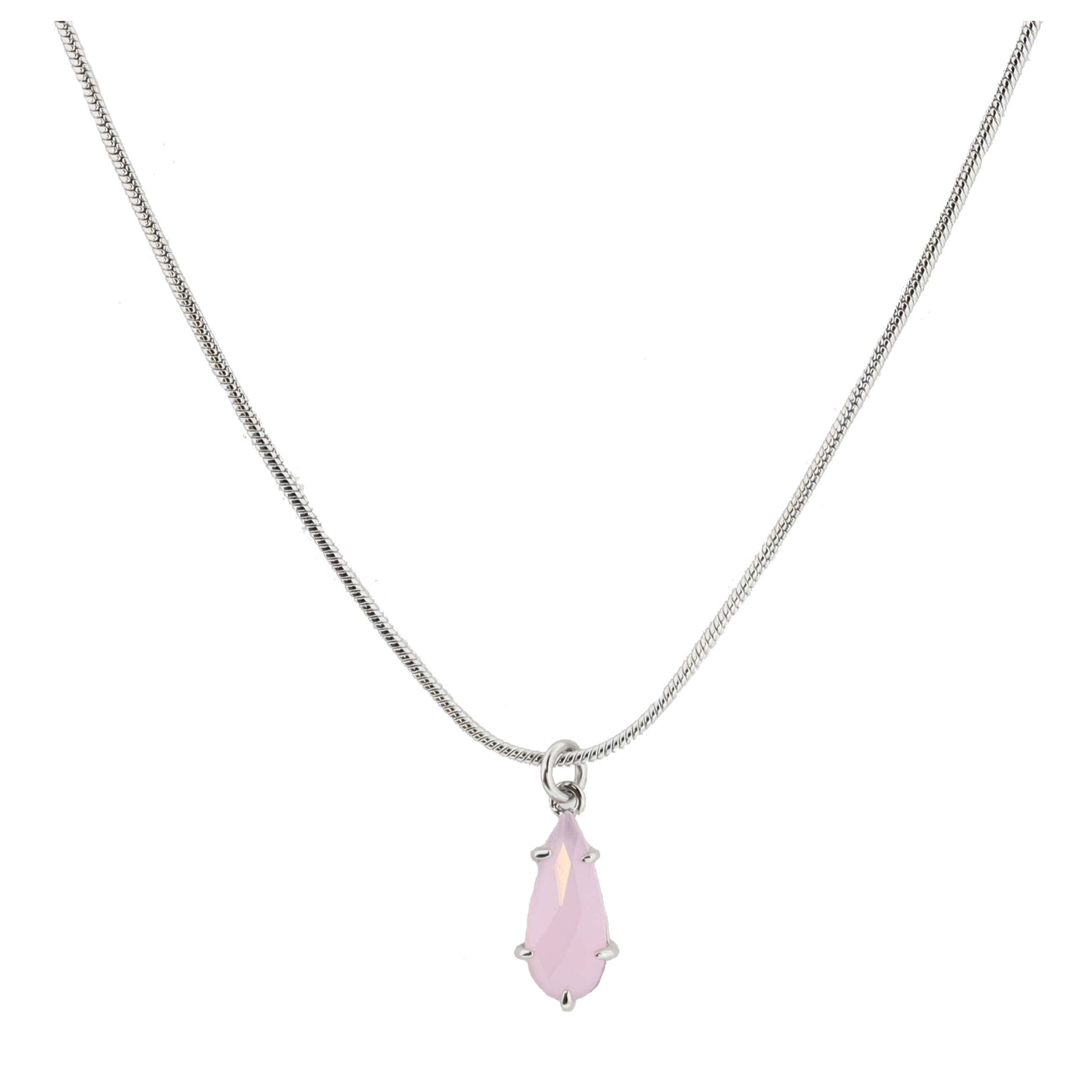 Silver Petite Snake Chain with Pink Crystal Teardrop Necklace