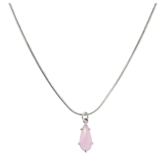 Silver Petite Snake Chain with Pink Crystal Teardrop Necklace