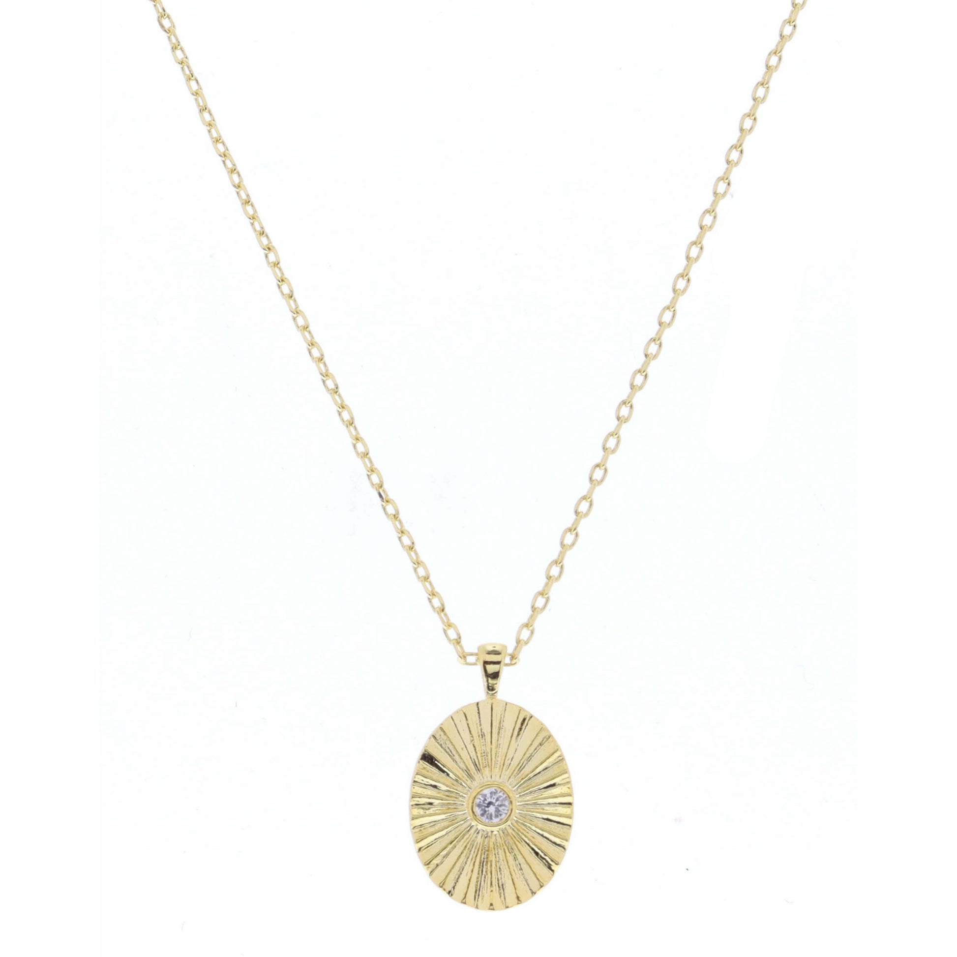Gold Textured Oval with Center Mini Clear Crystal Necklace