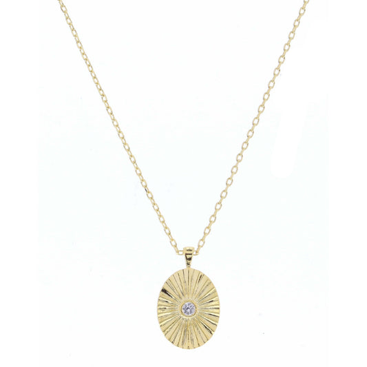Gold Textured Oval with Center Mini Clear Crystal Necklace