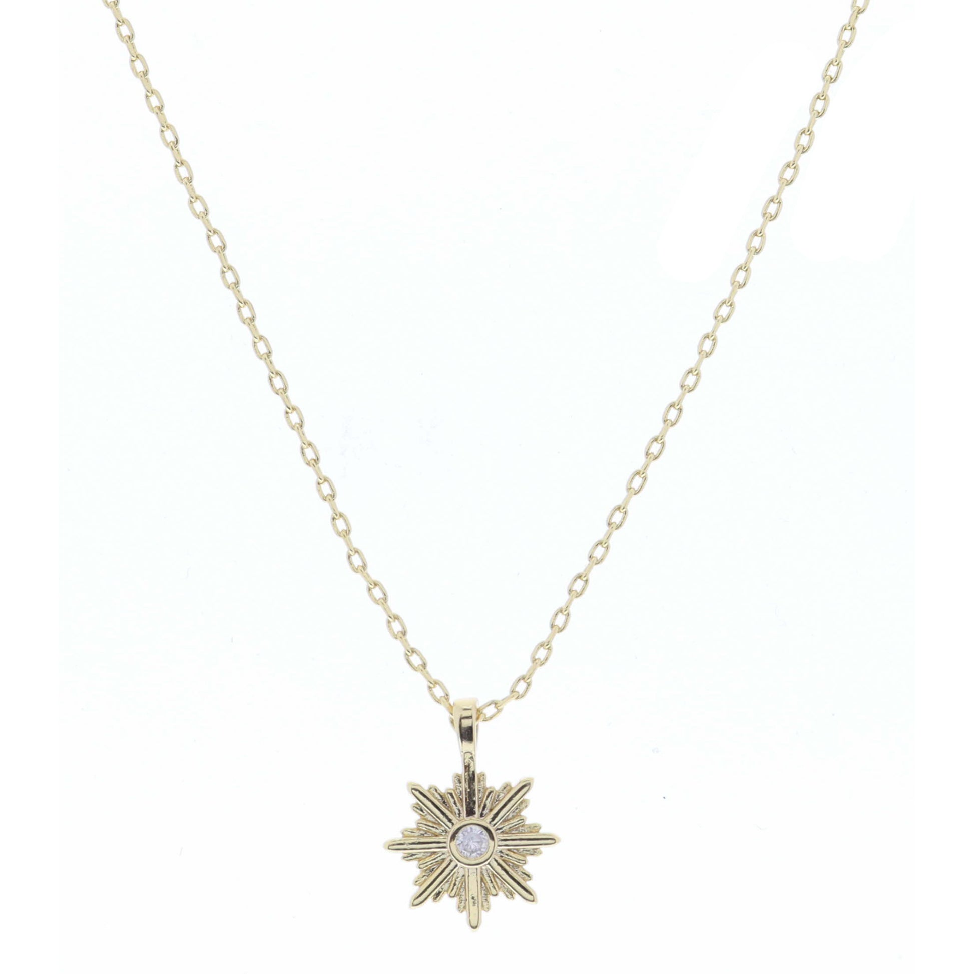Gold Star Burst with Center Mini Clear Crystal Necklace