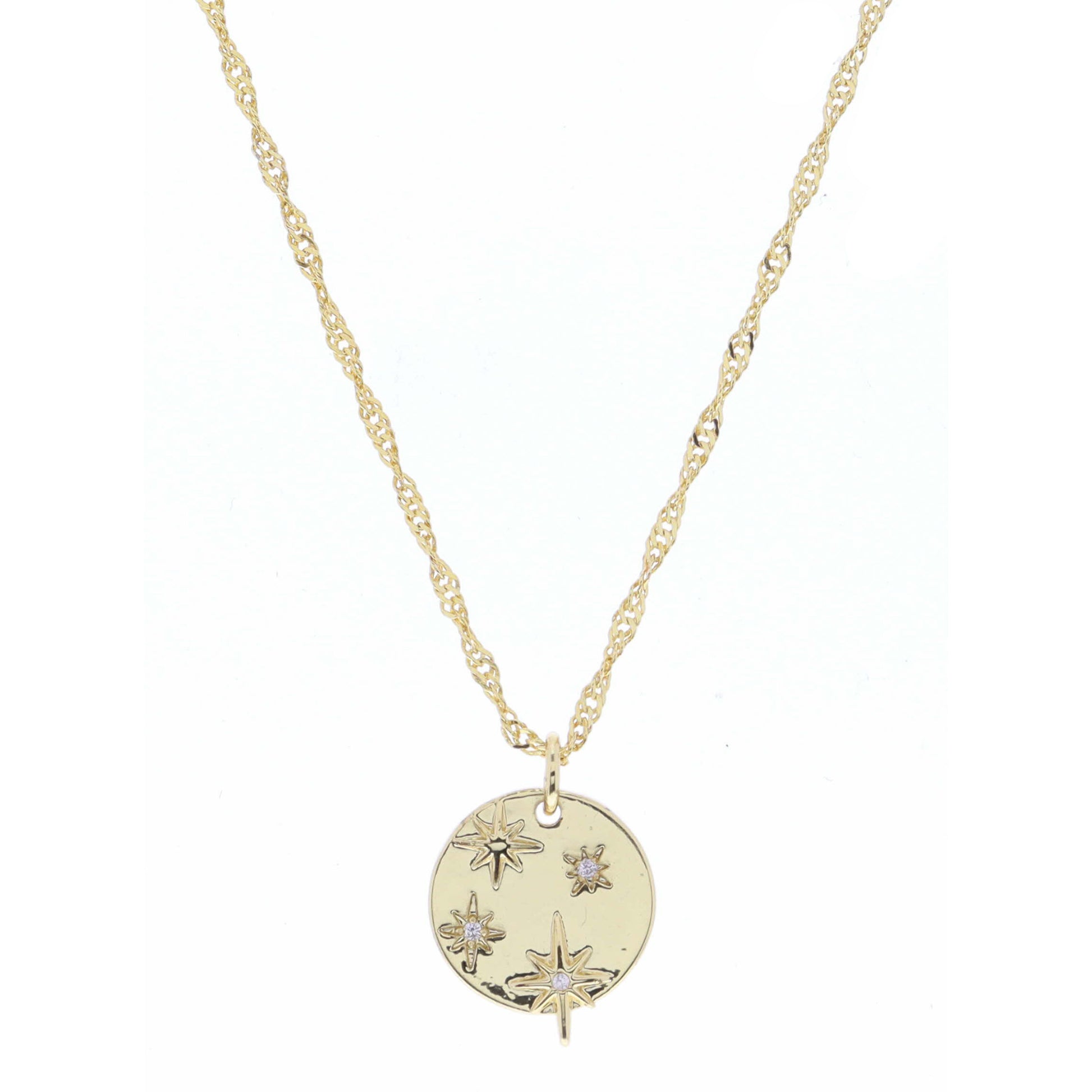 Gold Disc with Raised and Engraved Stars with Mini Crystal Centers Necklace