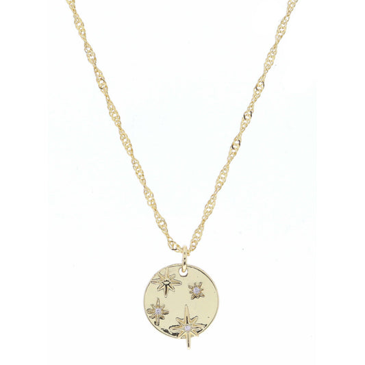 Gold Disc with Raised and Engraved Stars with Mini Crystal Centers Necklace