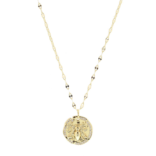 Gold Disc with Raised Bee and Clear Crystal Outter Edge Necklace