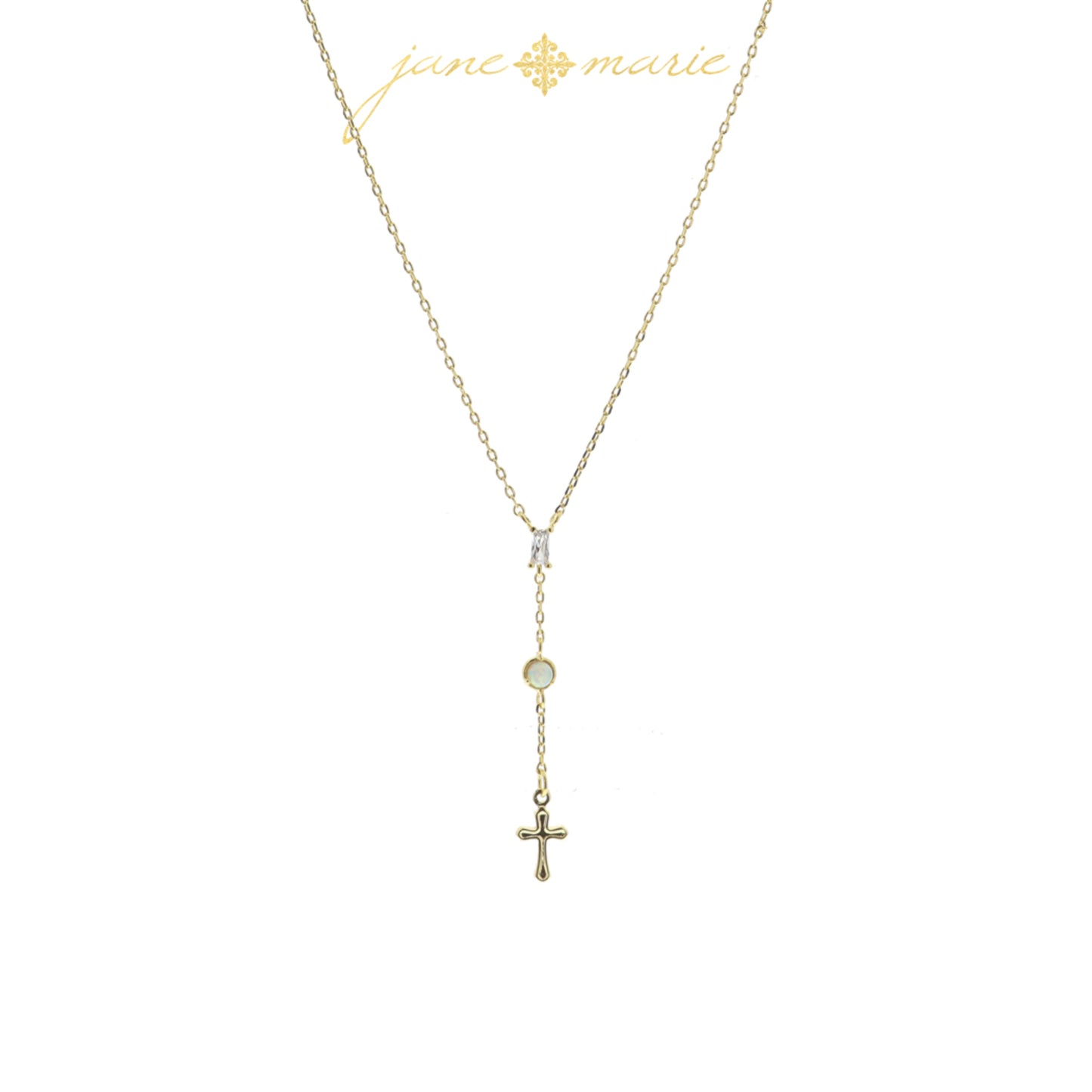 3 Tier Drop with Clear Baguette Crystal, Opal Circle, Gold Cross Necklace