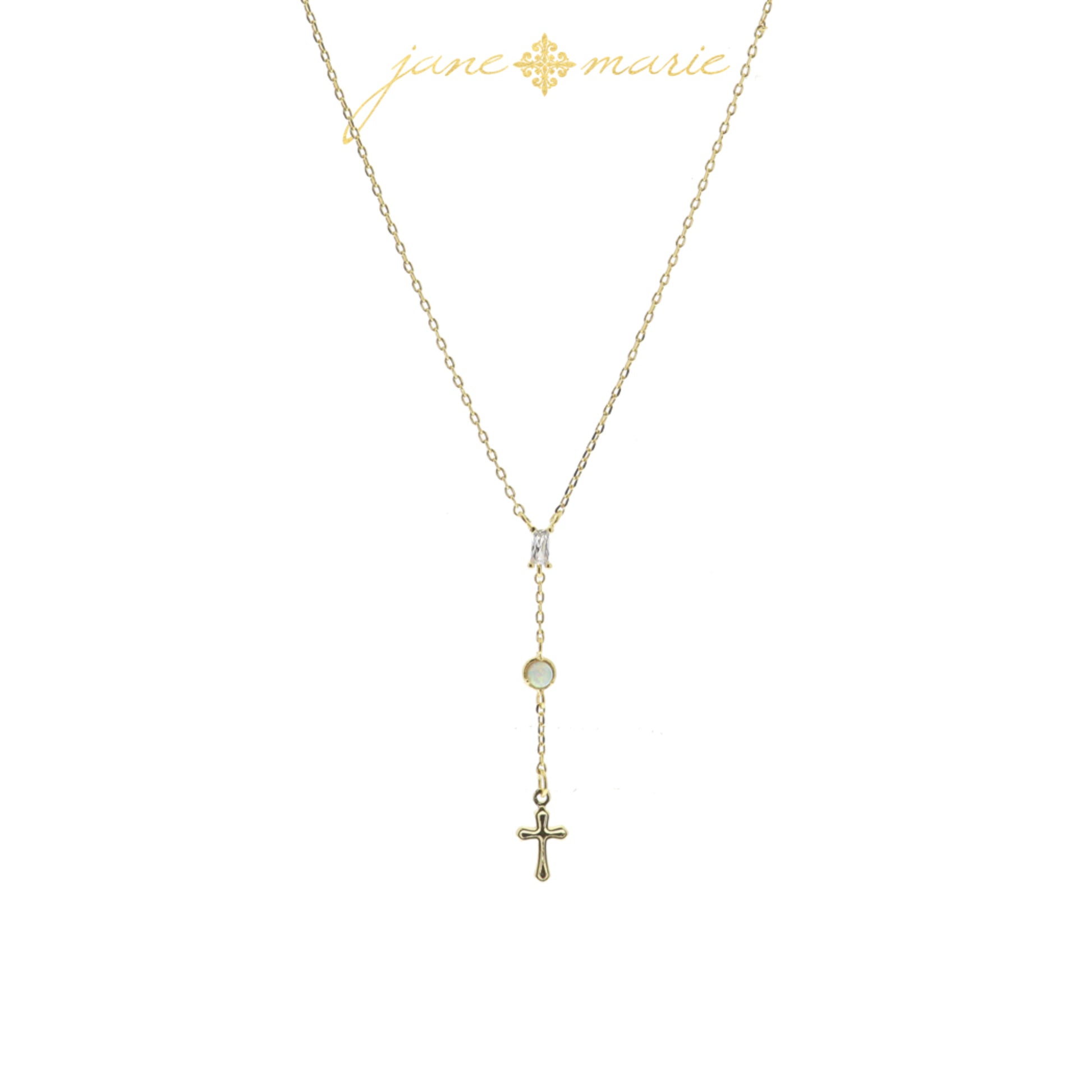 3 Tier Drop with Clear Baguette Crystal, Opal Circle, Gold Cross Necklace