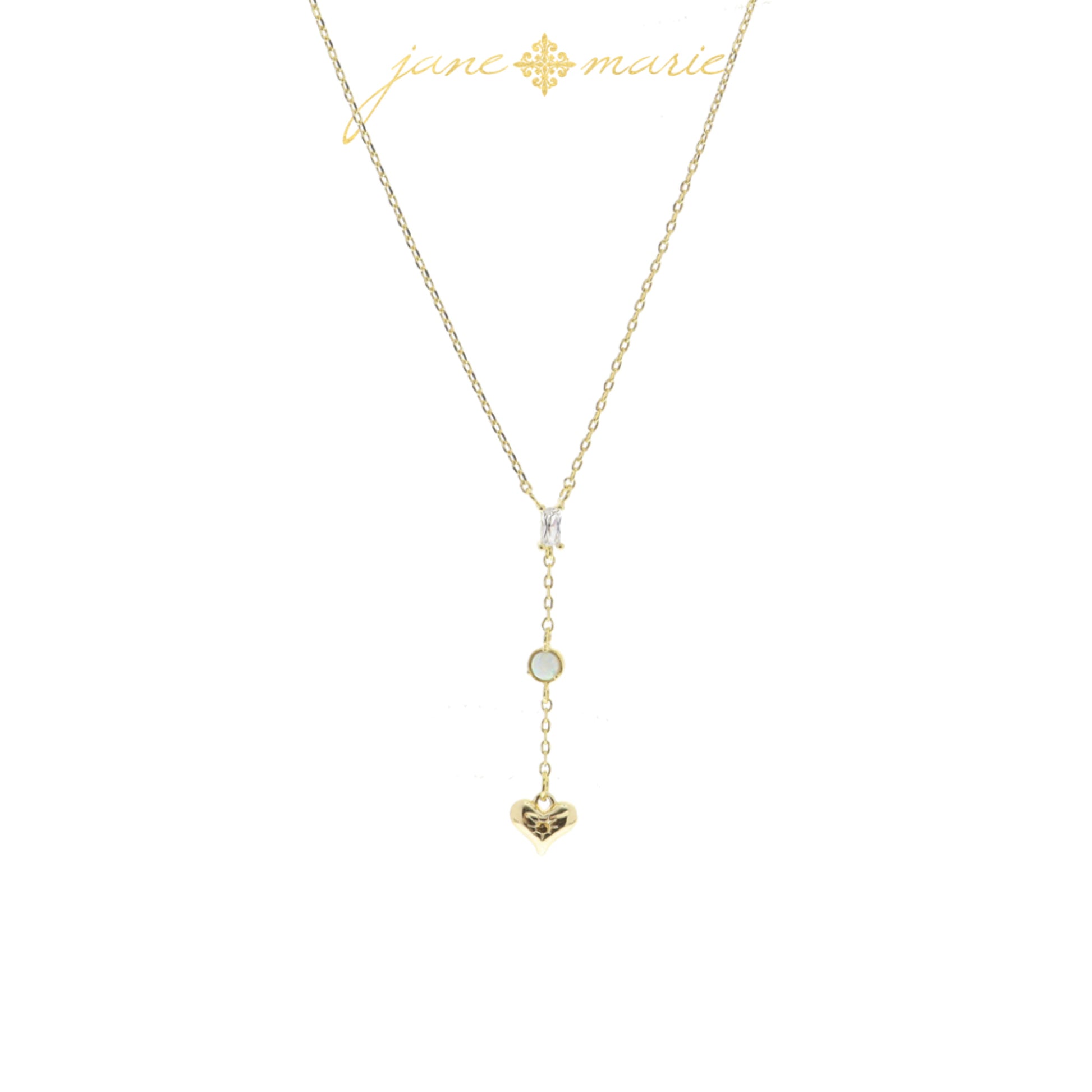 3 Tier Drop with Clear Baguette Crystal, Opal Circle, Gold Heart Necklace