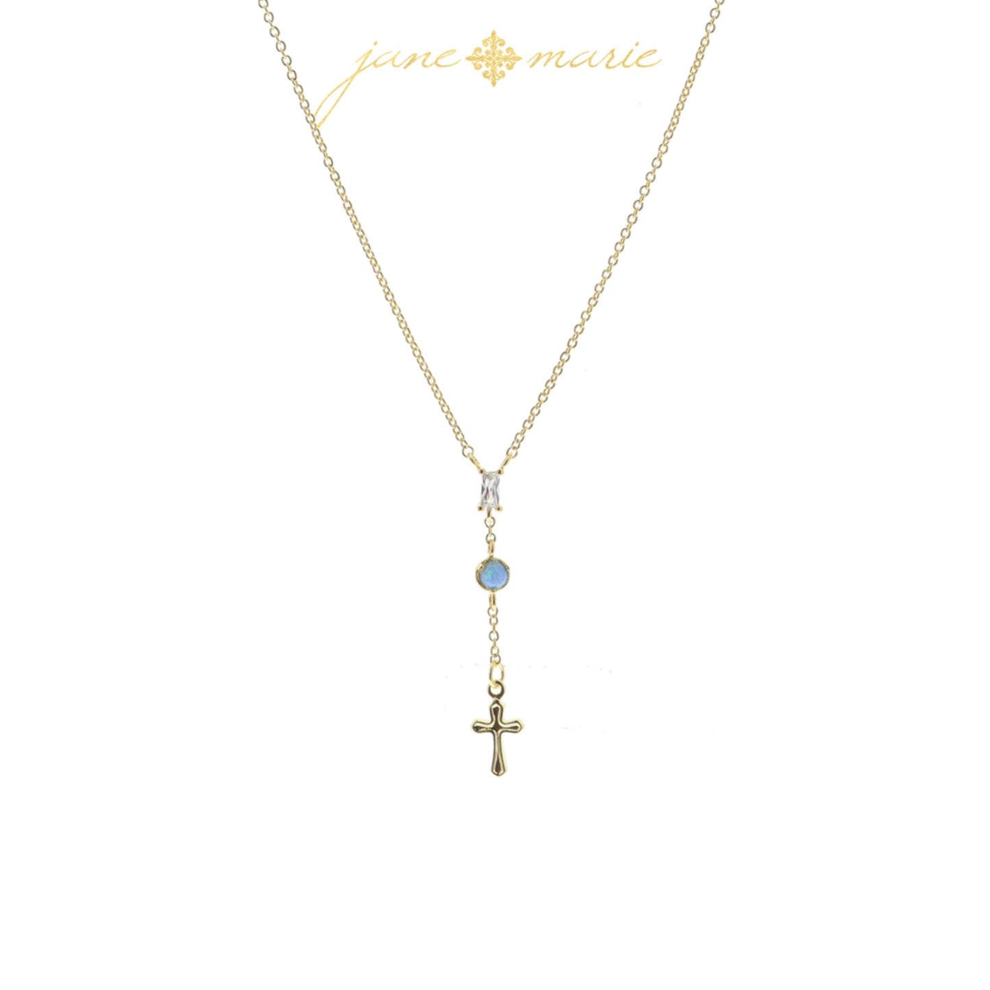 3 Tier Drop with Clear Baguette Crystal, Blue Opal Circle, Gold Cross Necklace