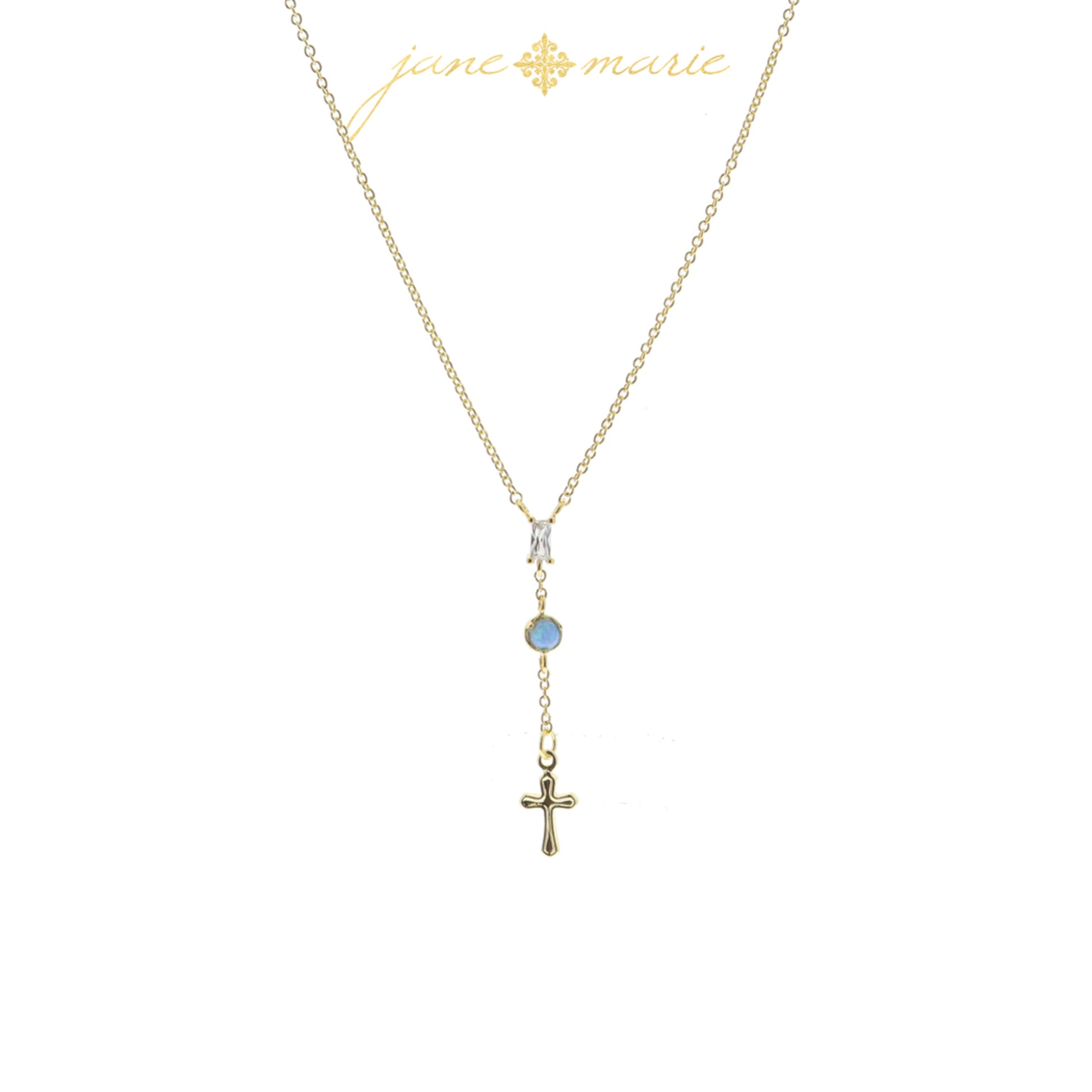 3 Tier Drop with Clear Baguette Crystal, Blue Opal Circle, Gold Cross Necklace