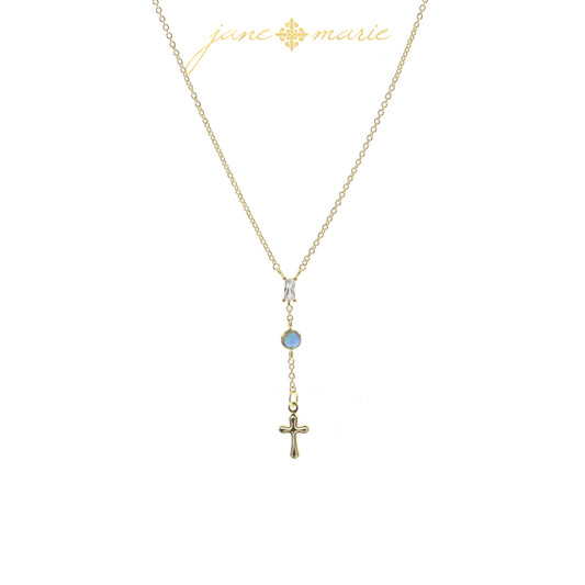 3 Tier Drop with Clear Baguette Crystal, Blue Opal Circle, Gold Cross Necklace