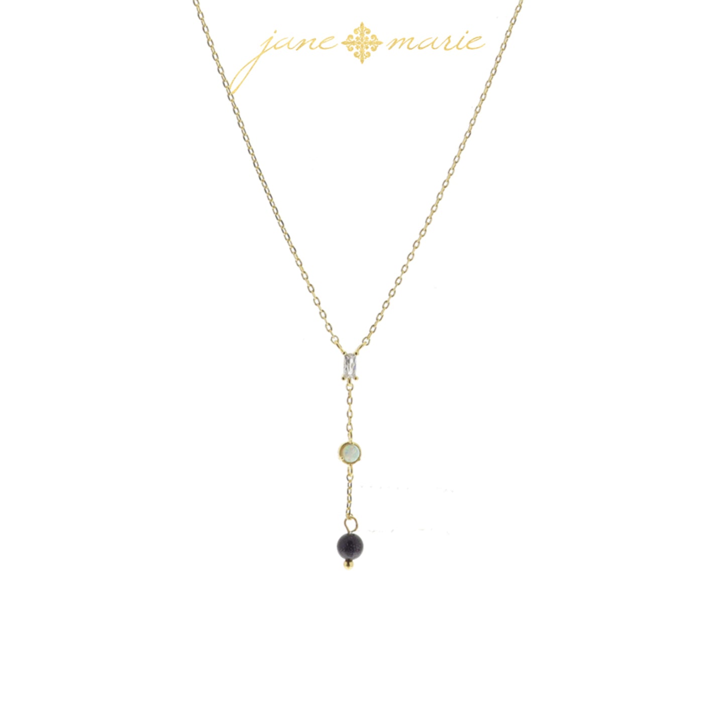 3 Tier Drop with Clear Baguette Crystal, Opal Circle, Sparkly Jet Bead Necklace