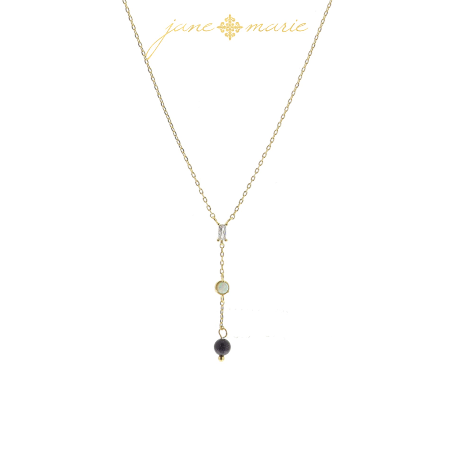 3 Tier Drop with Clear Baguette Crystal, Opal Circle, Sparkly Jet Bead Necklace