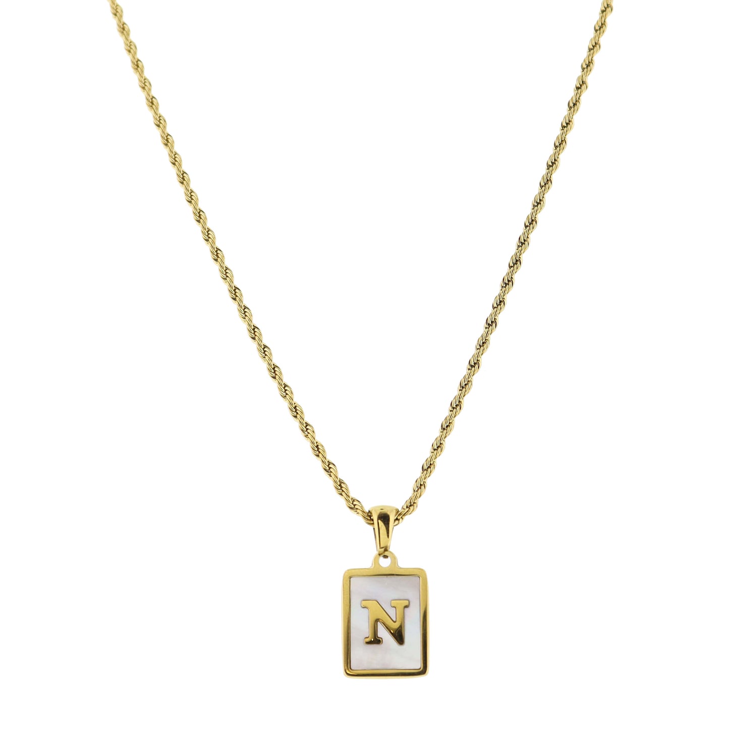 Gold Rectangle with Shell Inlay and Gold "N" Initial Center Necklace